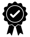 Black and white icon of a badge with a check mark