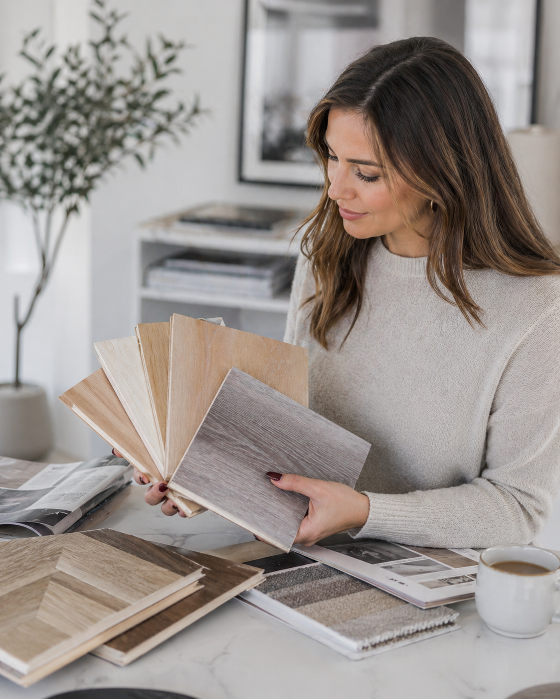Woman looking at wood sample books in a home setting