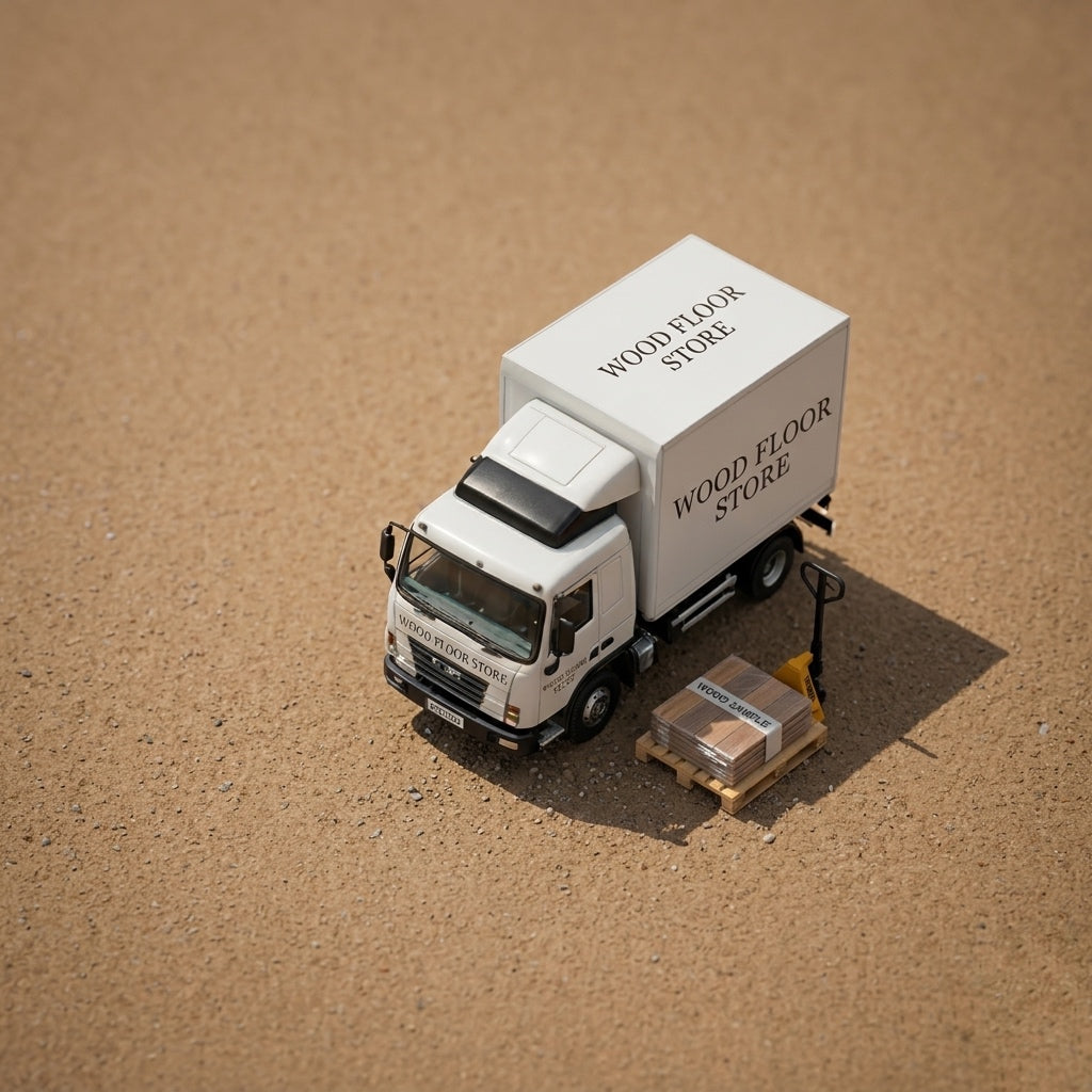 Model truck with 'Wood Floor Store' branding on a sandy surface