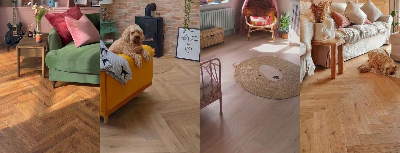 A three-panel collage showing hardwood flooring installed in cozy living rooms, with a dog on one panel and different wood tones and styles visible across the panels.