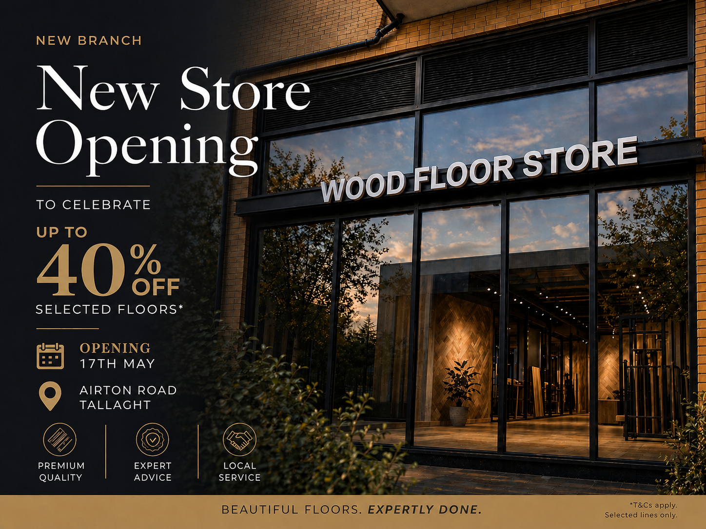 Advertisement for a new wood floor store with promotional text and store exterior.