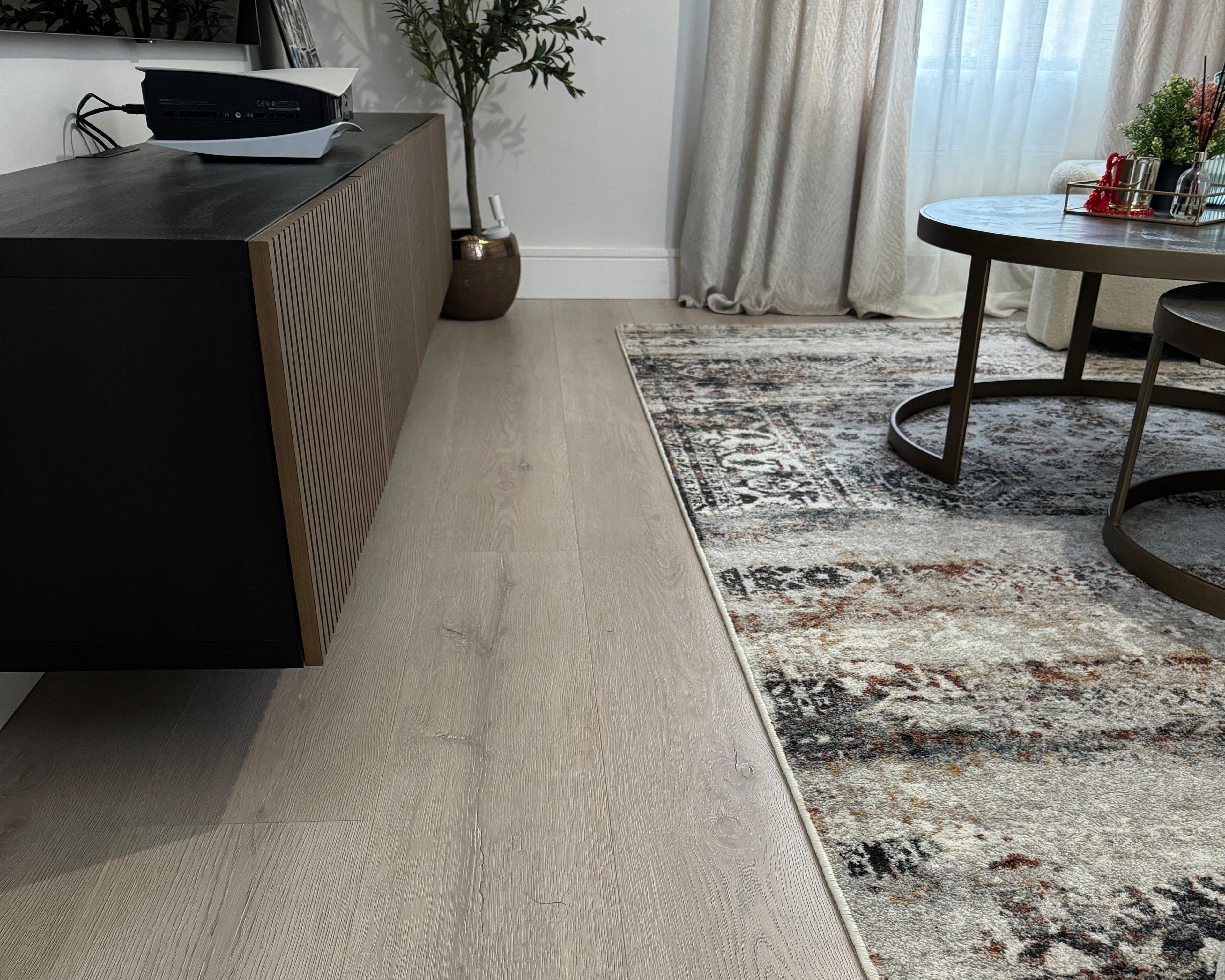 Modern living room with light wood flooring, a rug, and furniture.