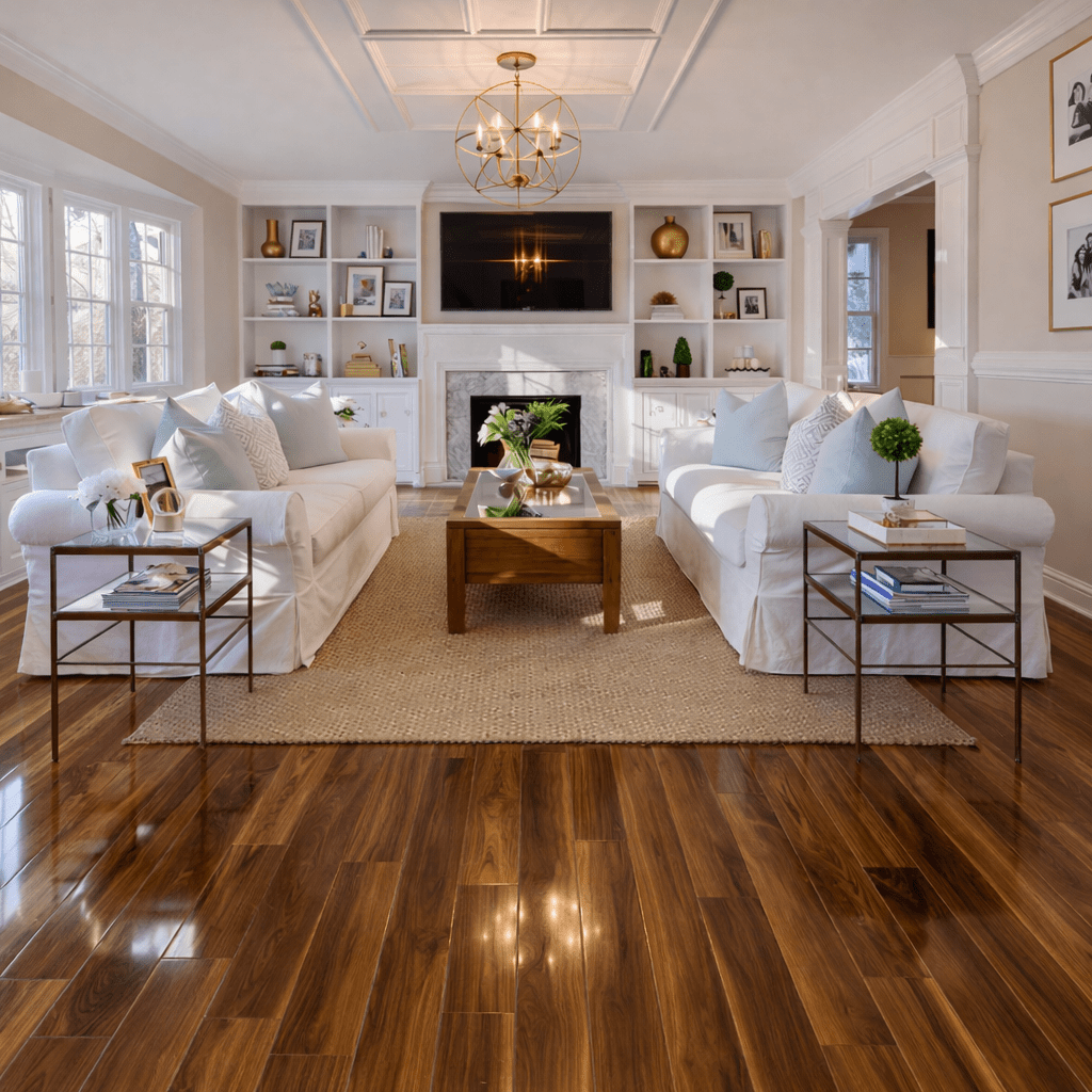 Piso laminado amadeirado instalado em ambiente residencial